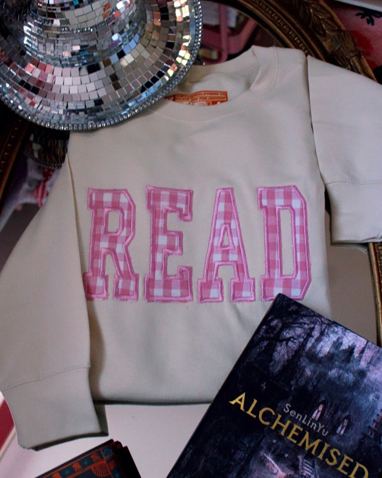 PINK GINGHAM EMBROIDERED CREWNECK