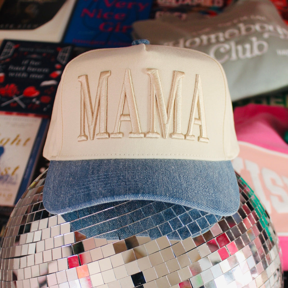 MAMA DENIM PUFF EMBROIDERD PRINT HAT