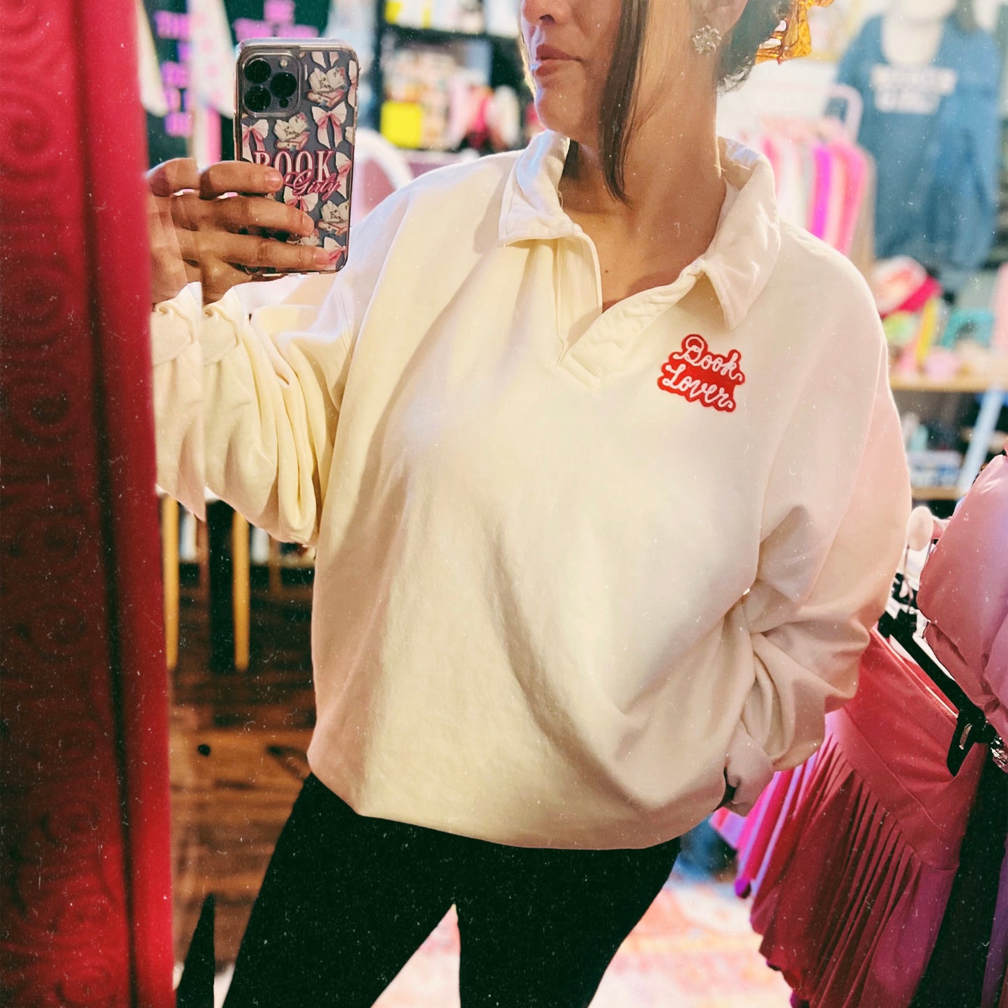 BOOK LOVER EMBRIODERED PATCH POLO CREWNECK