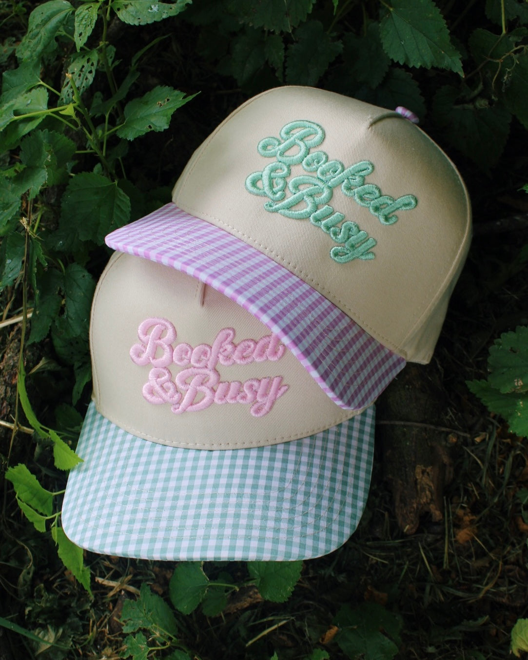 BOOKED & BUSY PUFF EMBROIDERY GINGHAM BILL HAT