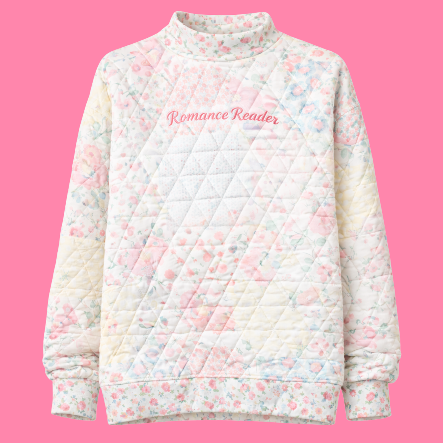 EMBROIDERED ROMANCE READER FLORAL PATTERN MOCK NECK