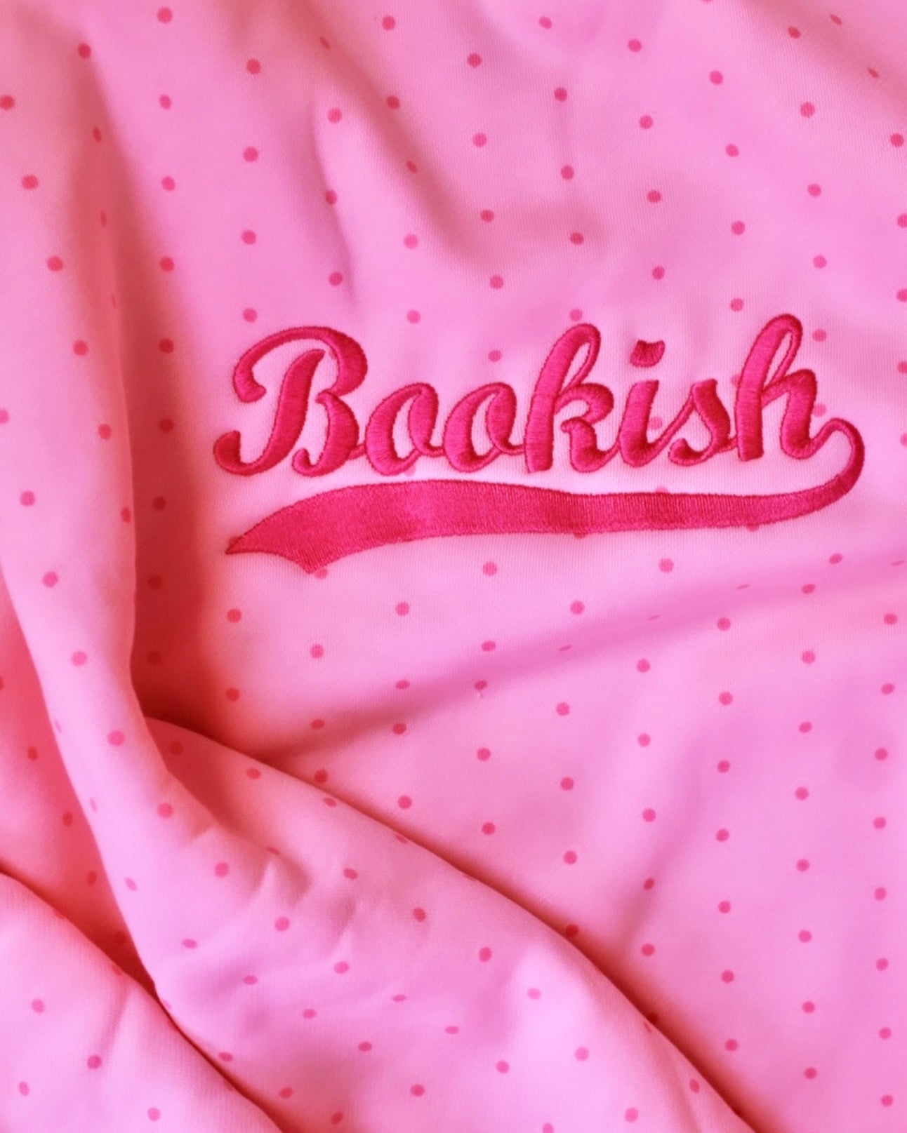 BOOKISH VARSITY POLKA DOT EMBROIDERED OFF THE SHOULDER CREWNECK
