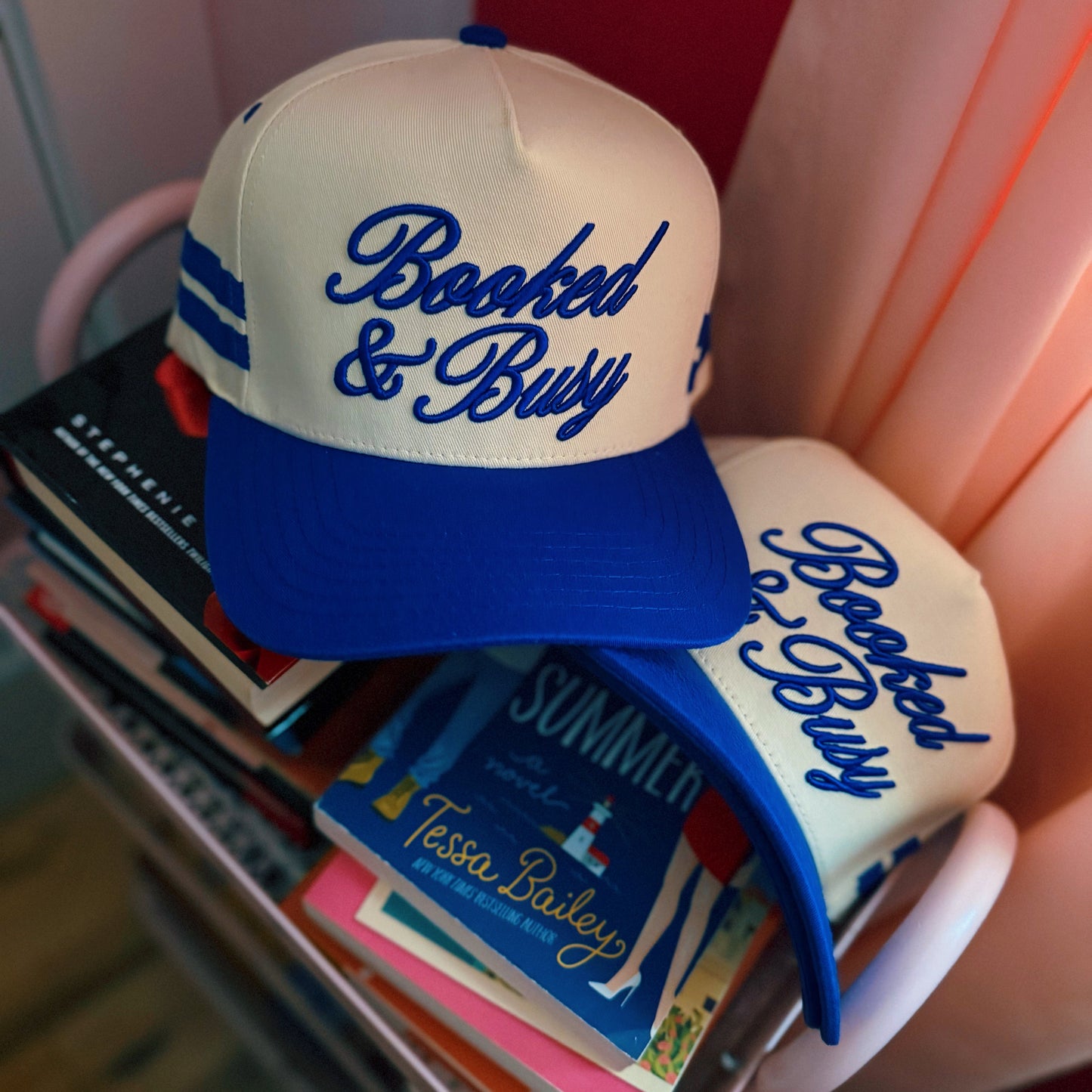 BOOKED & BUSY PUFF EMBROIDERY ROYAL BLUE STRIPED HAT