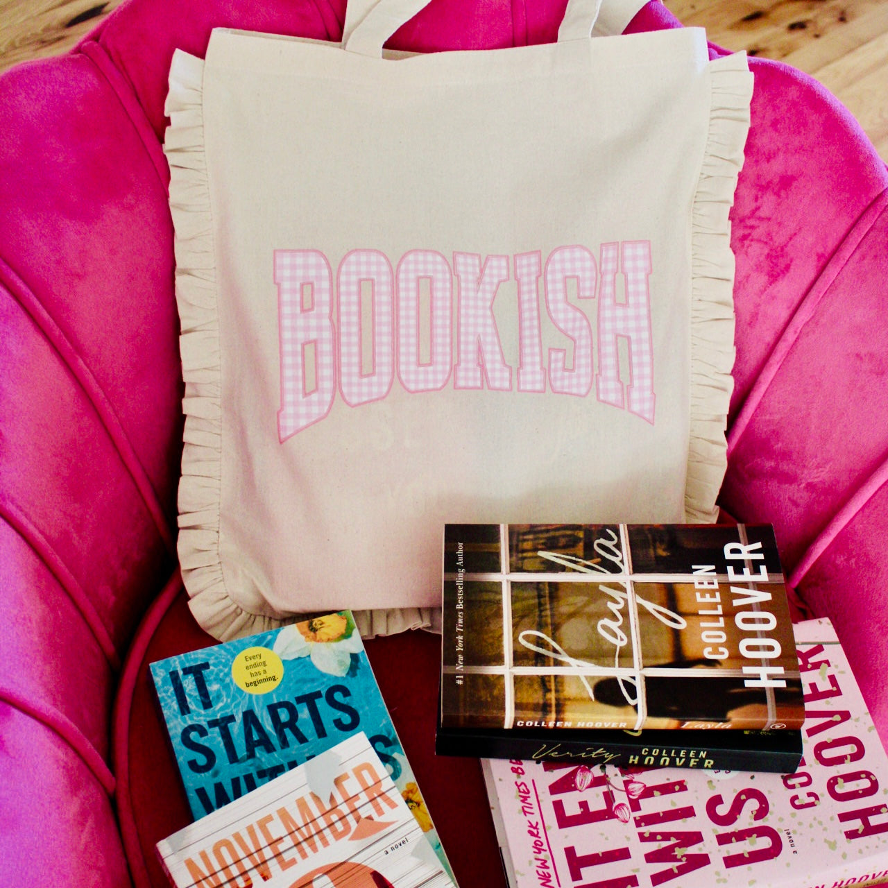 BOOKISH GINGHAM NATURAL PATCH TOTE