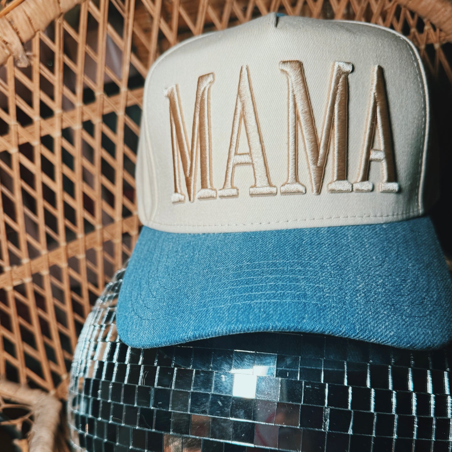 MAMA DENIM PUFF EMBROIDERD PRINT HAT