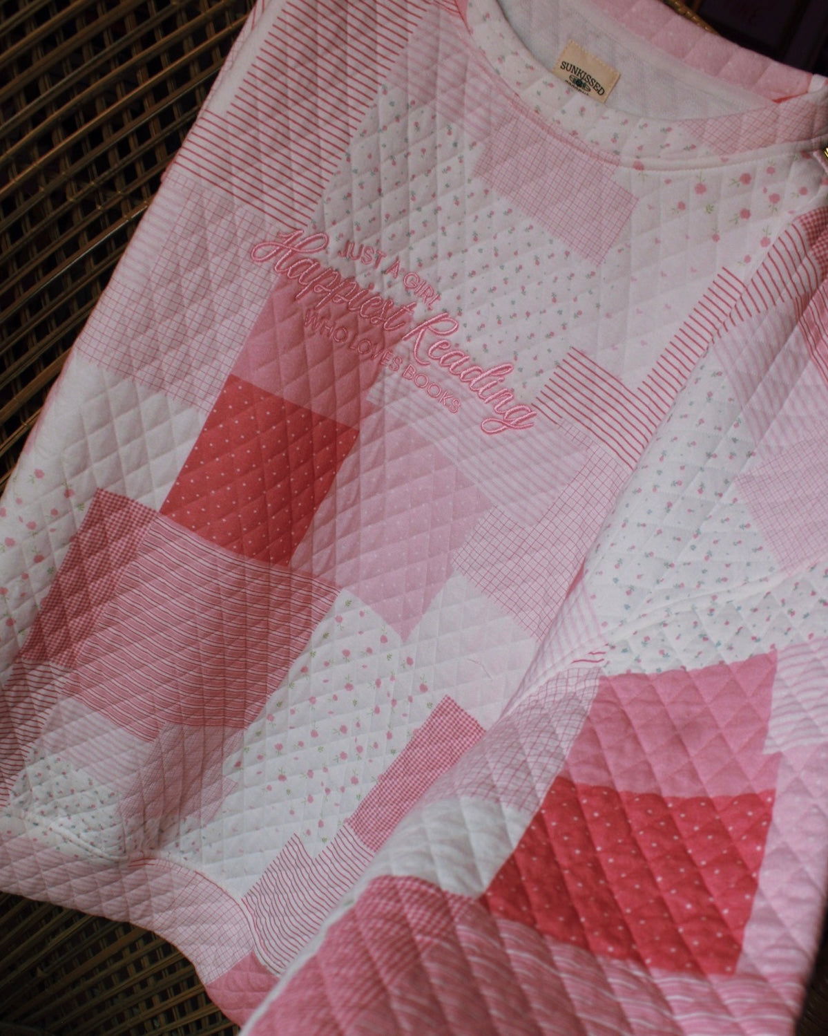 HAPPIEST READING PINK PATCH WORK EMBROIDERED MOCK NECK