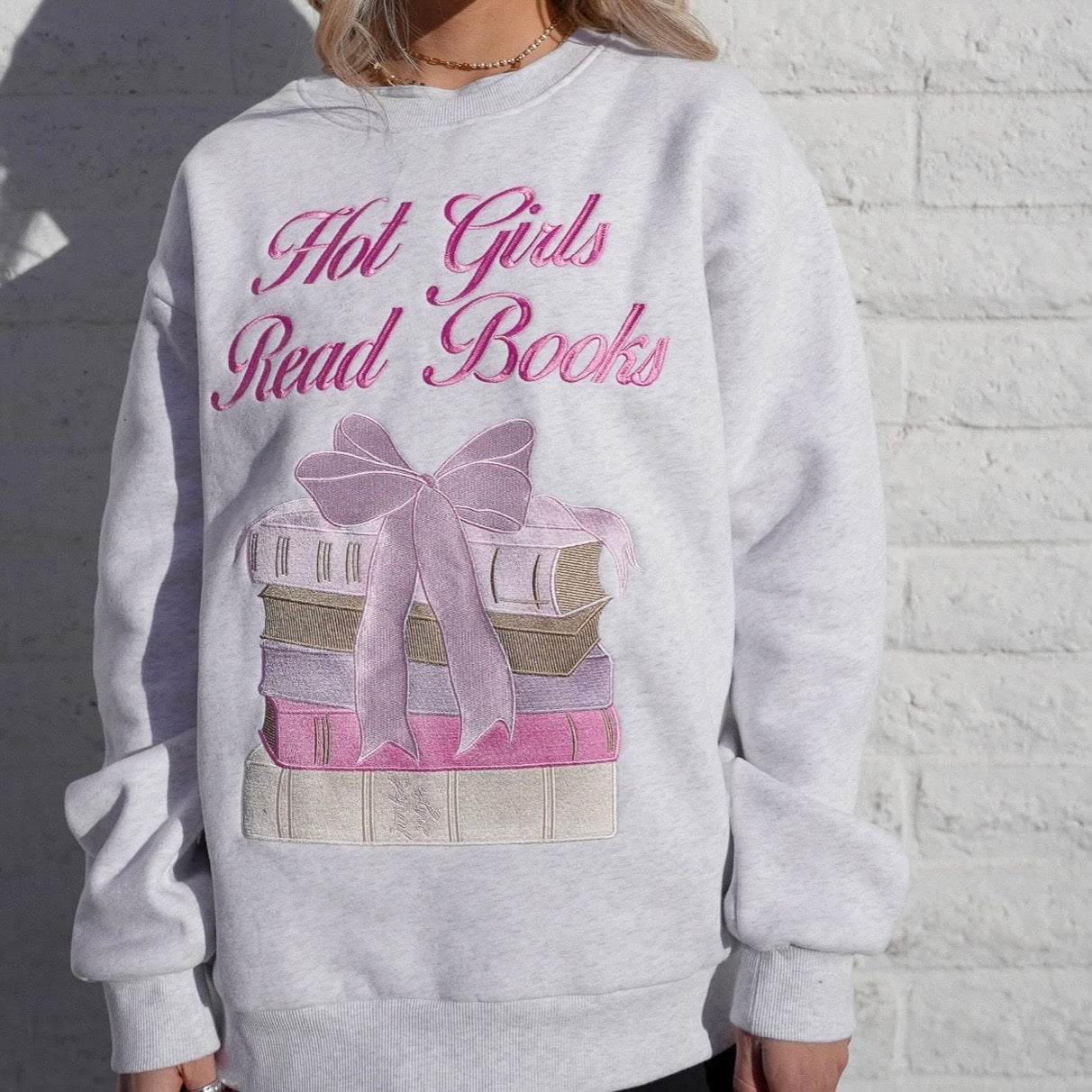 HAPPY CAMPER HOT GIRLS READ EMBROIDERED CREWNECK