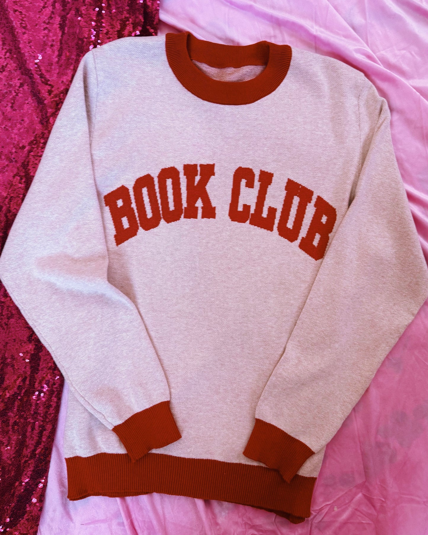 BOOK CLUB PINK AND RED KNIT SWEATER