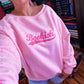 BOOKISH VARSITY POLKA DOT EMBROIDERED OFF THE SHOULDER CREWNECK