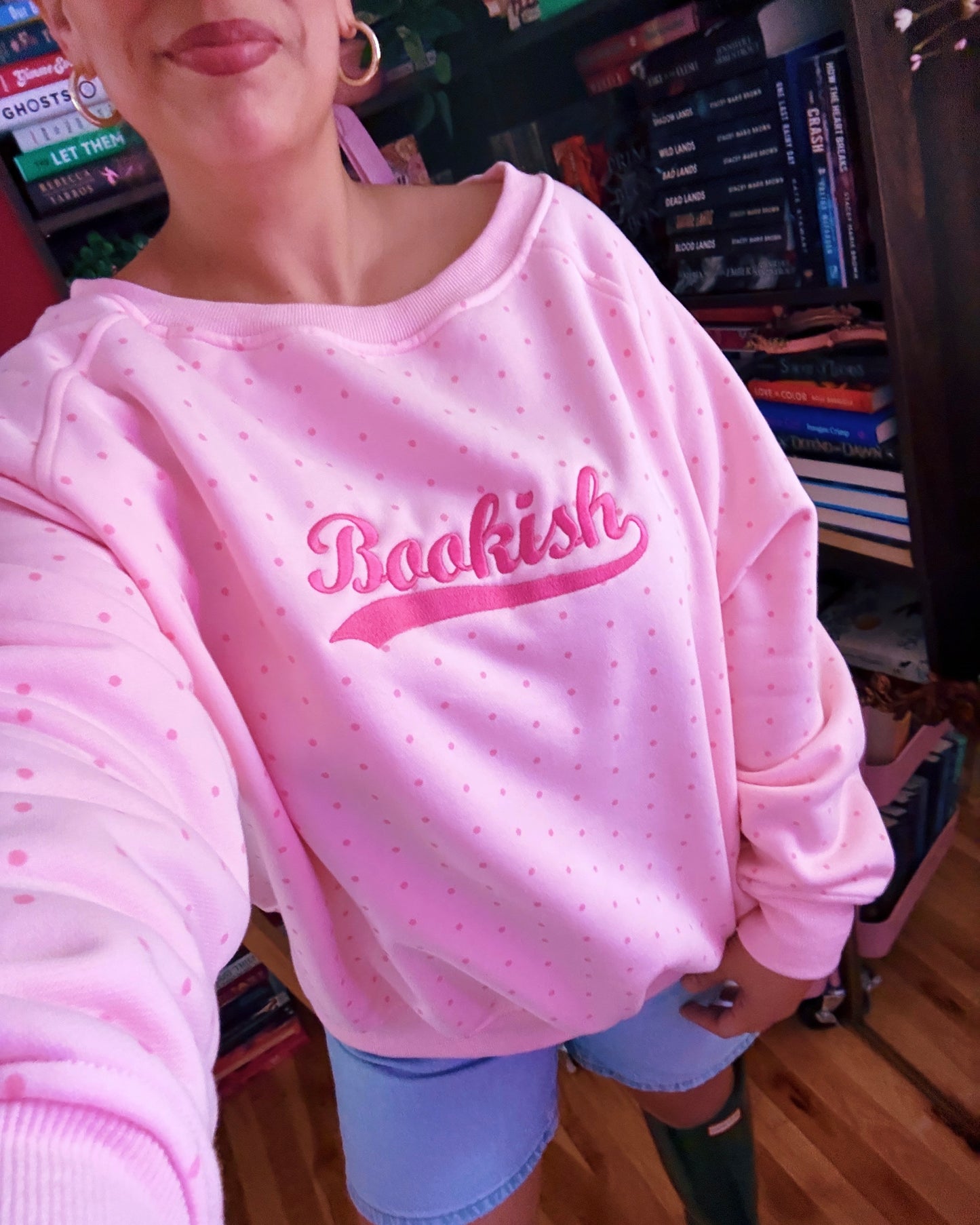 BOOKISH VARSITY POLKA DOT EMBROIDERED OFF THE SHOULDER CREWNECK