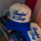 BOOKED & BUSY PUFF EMBROIDERY ROYAL BLUE STRIPED HAT