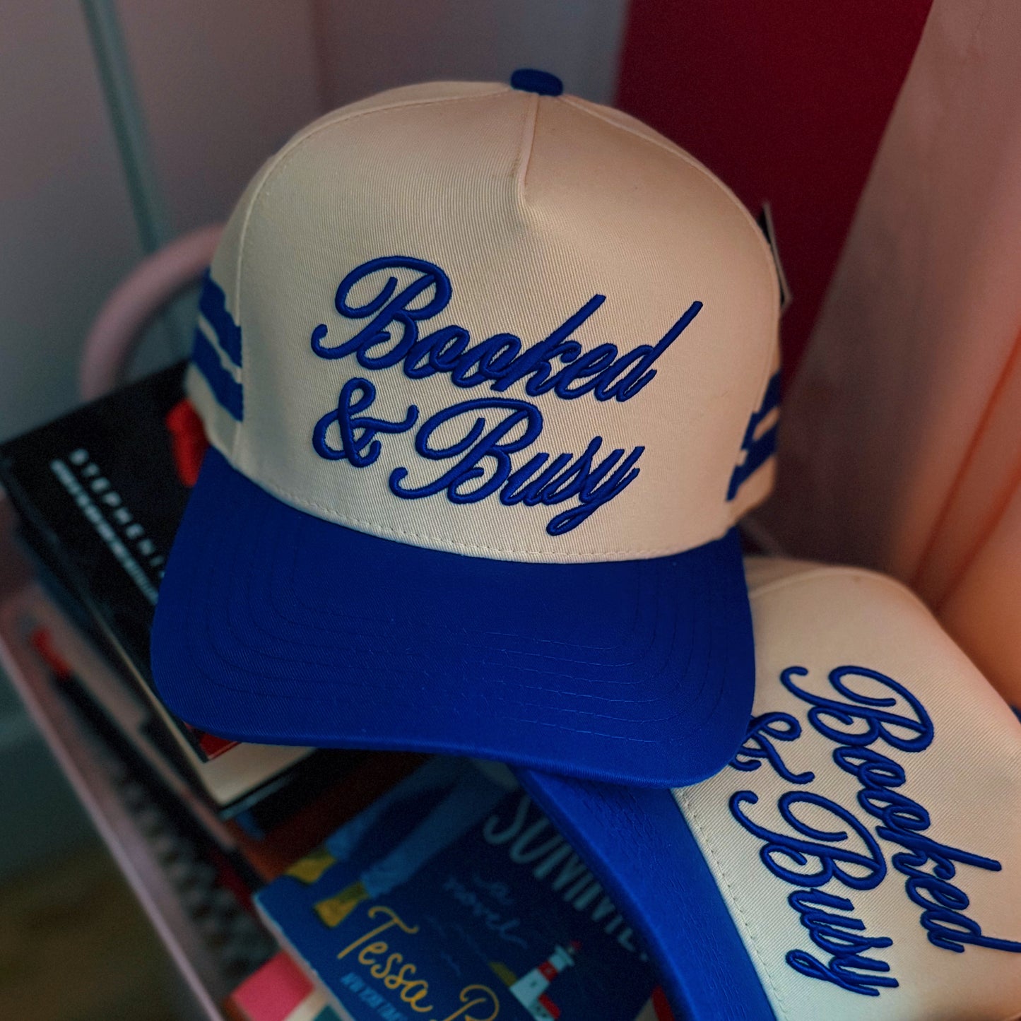 BOOKED & BUSY PUFF EMBROIDERY ROYAL BLUE STRIPED HAT