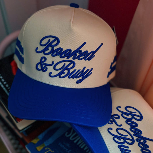 BOOKED & BUSY PUFF EMBROIDERY ROYAL BLUE STRIPED HAT