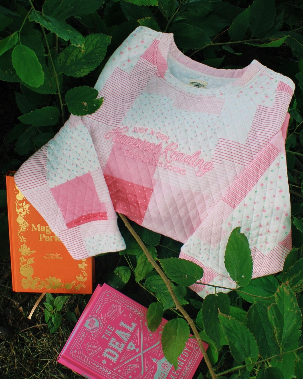 HAPPIEST READING PINK PATCH WORK EMBROIDERED MOCK NECK