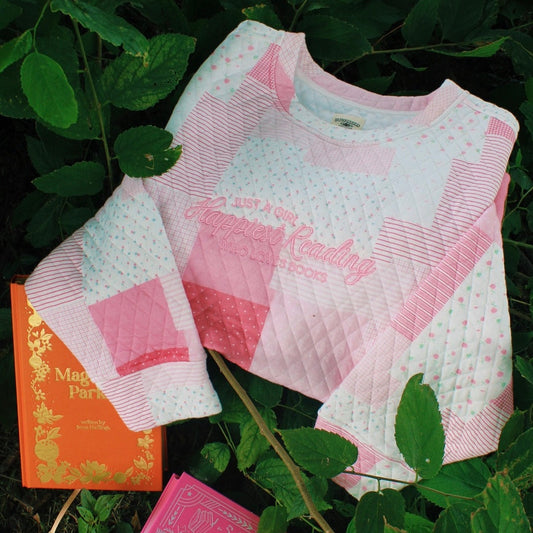 HAPPIEST READING PINK PATCH WORK EMBROIDERED MOCK NECK