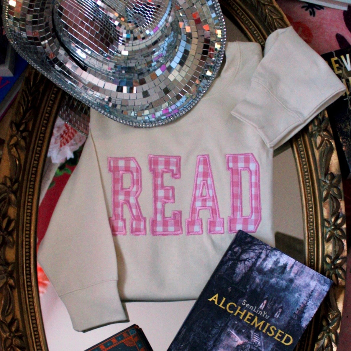 PINK GINGHAM EMBROIDERED CREWNECK