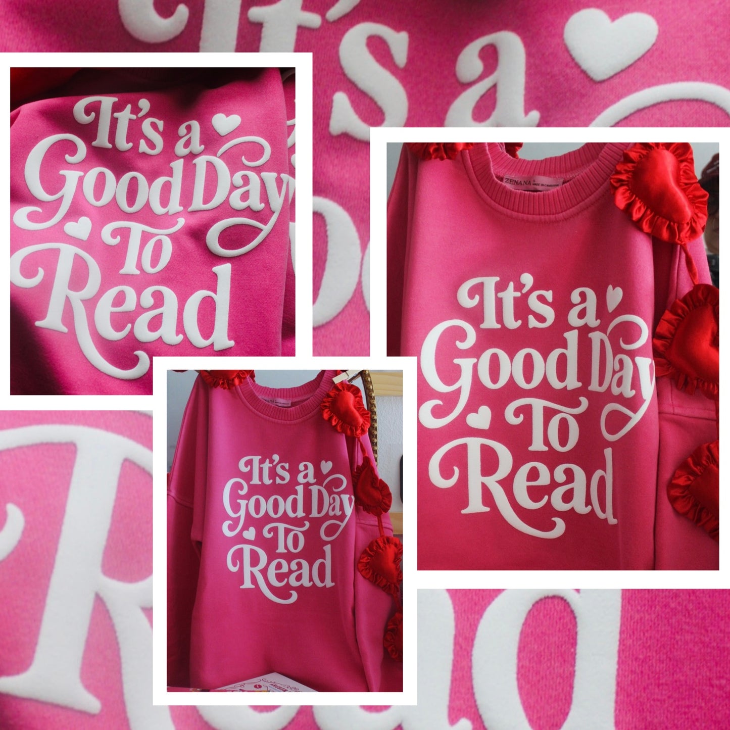 GOOD DAY TO READ PIGMENT DYED HOT PINK HIGH LOW CREWNECK - PUFF PRINT