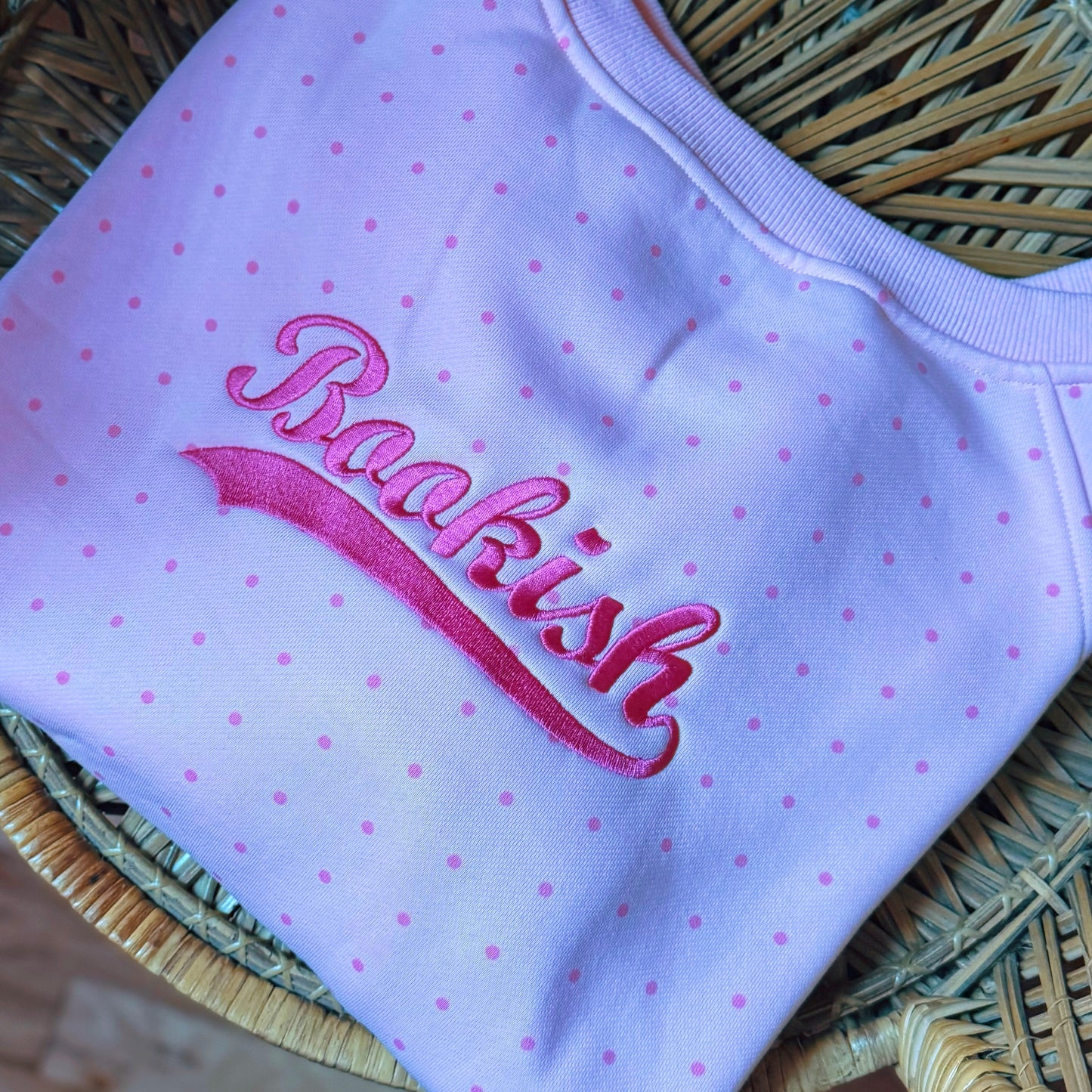 BOOKISH VARSITY POLKA DOT EMBROIDERED OFF THE SHOULDER CREWNECK
