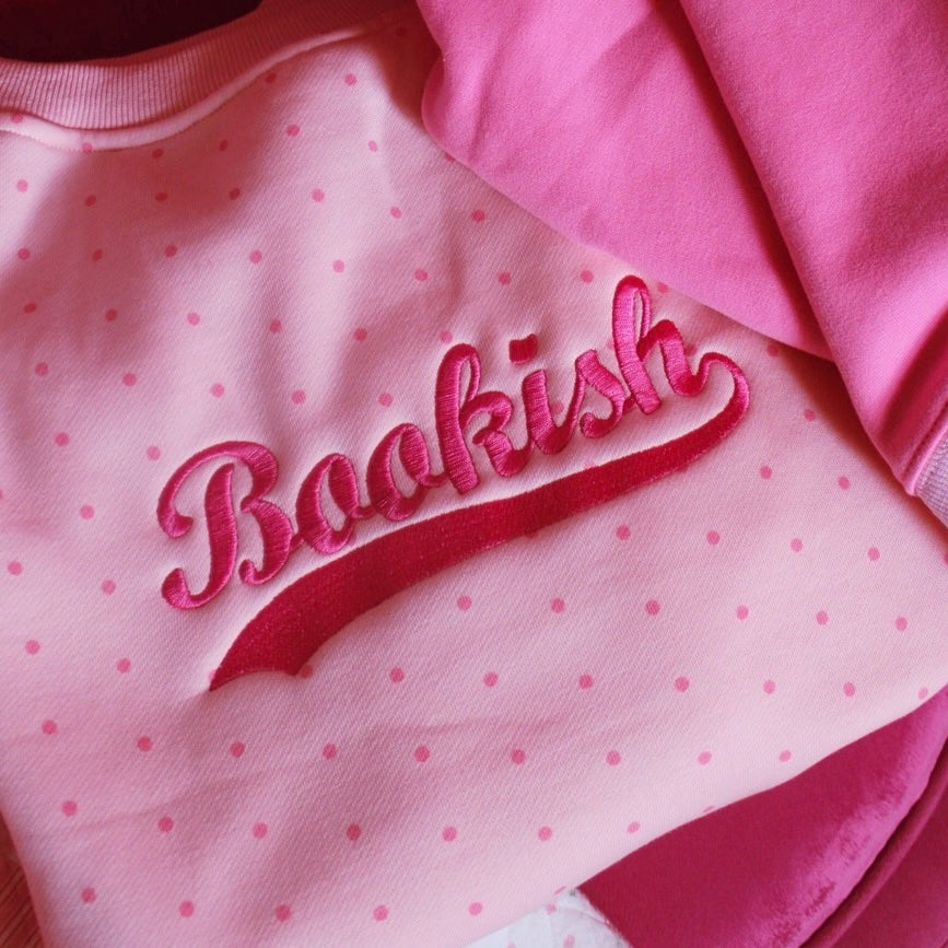BOOKISH VARSITY POLKA DOT EMBROIDERED OFF THE SHOULDER CREWNECK