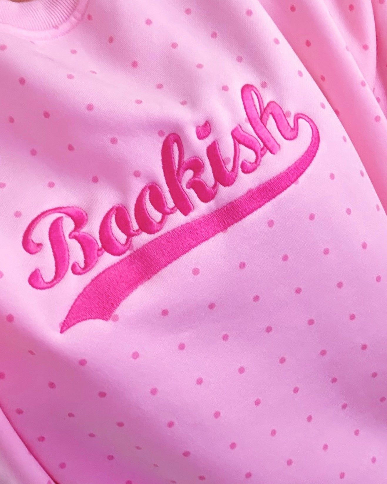 BOOKISH VARSITY POLKA DOT EMBROIDERED OFF THE SHOULDER CREWNECK