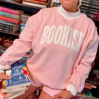 BOOKISH PUFF PRINT PINK STRIPED MOCK NECK & SHORTS SET