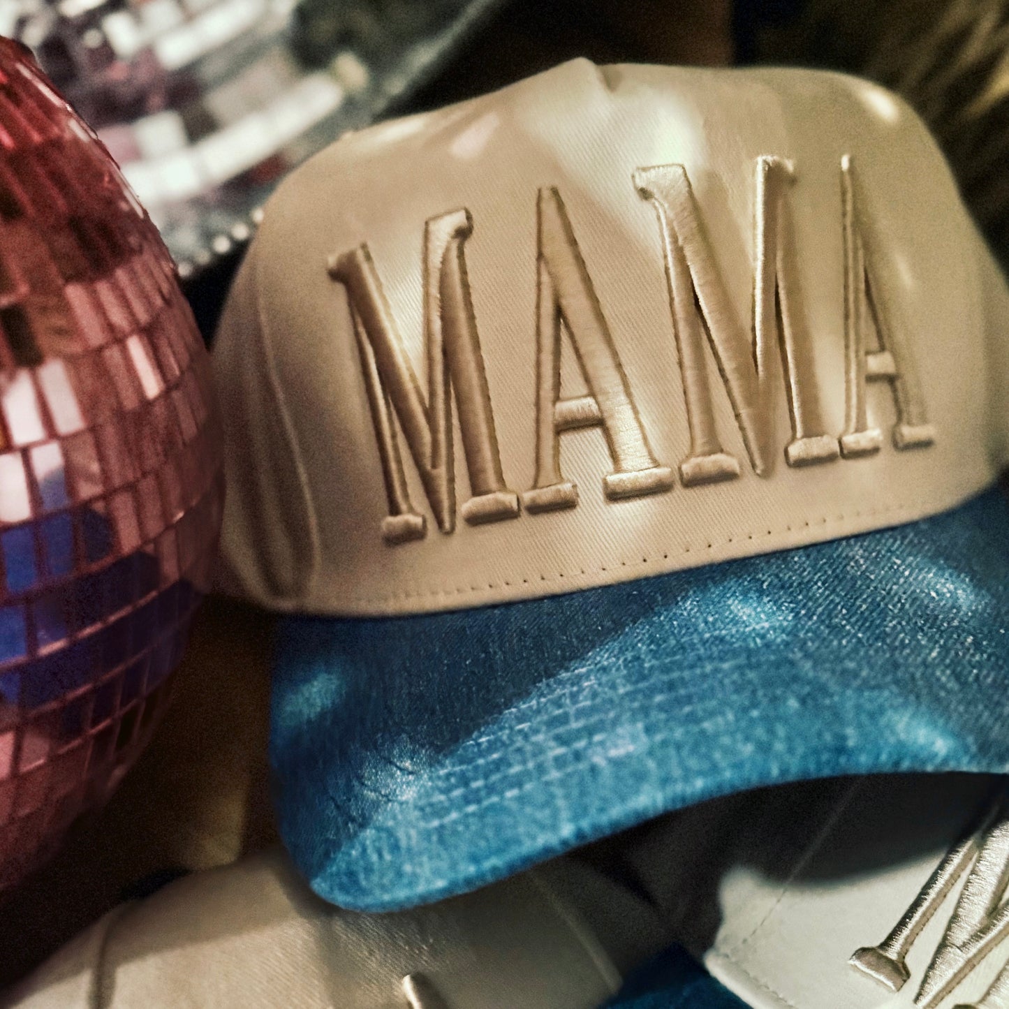 MAMA DENIM PUFF EMBROIDERD PRINT HAT