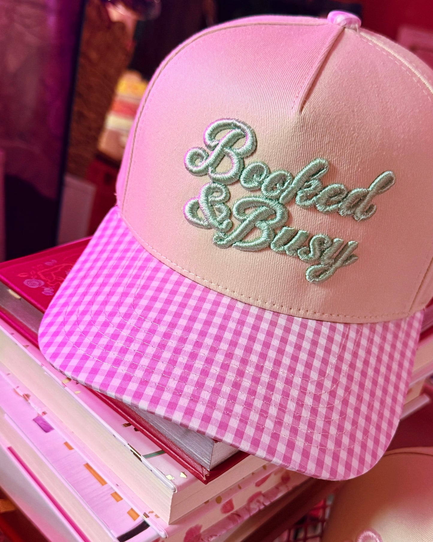 BOOKED & BUSY PUFF EMBROIDERY GINGHAM BILL HAT