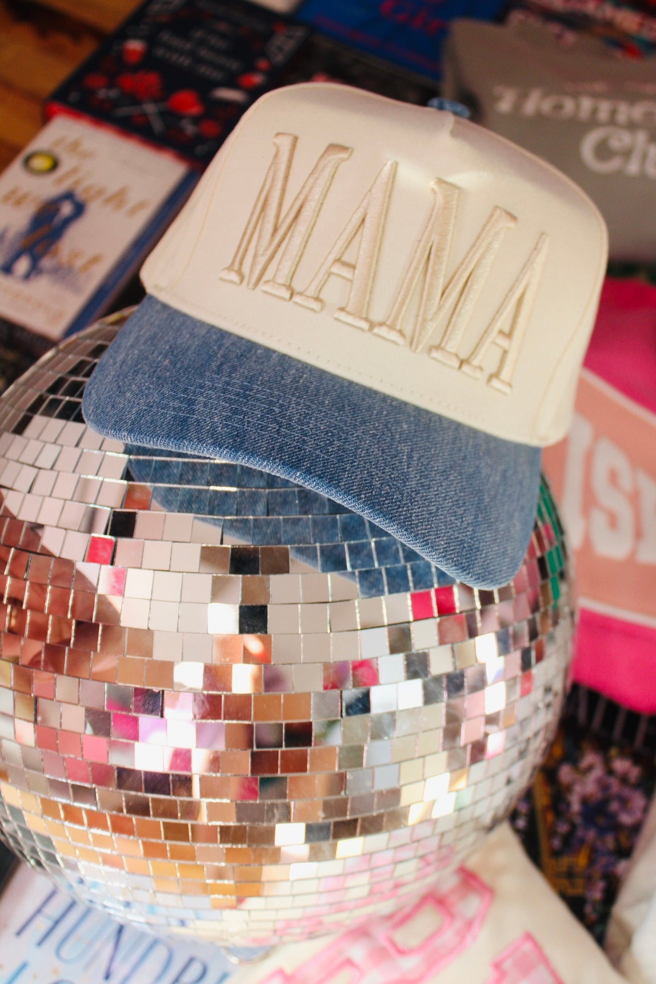 MAMA DENIM PUFF EMBROIDERD PRINT HAT