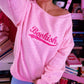 BOOKISH VARSITY POLKA DOT EMBROIDERED OFF THE SHOULDER CREWNECK