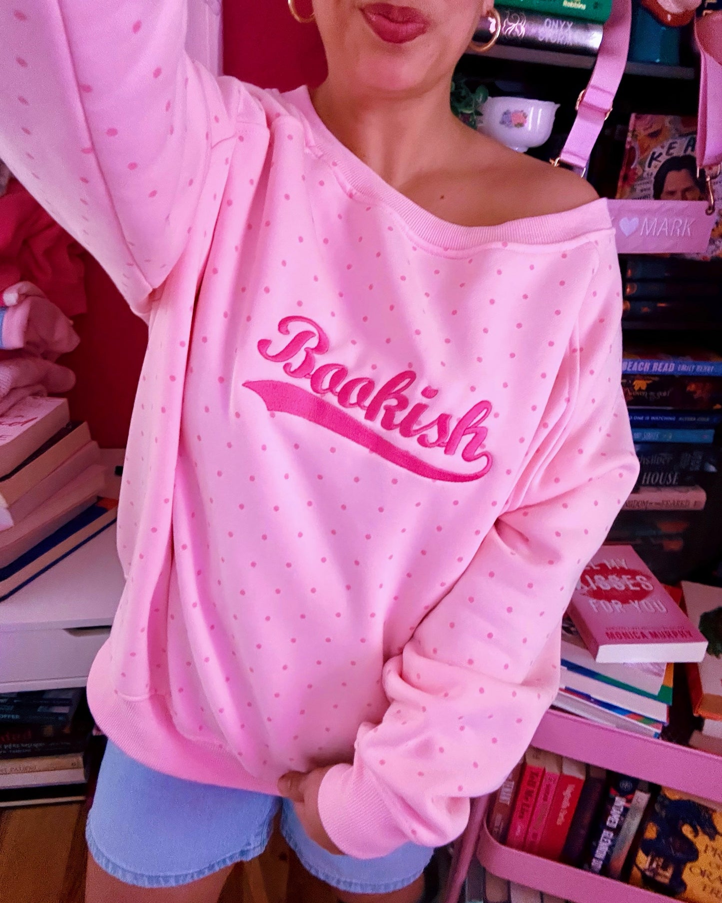 BOOKISH VARSITY POLKA DOT EMBROIDERED OFF THE SHOULDER CREWNECK