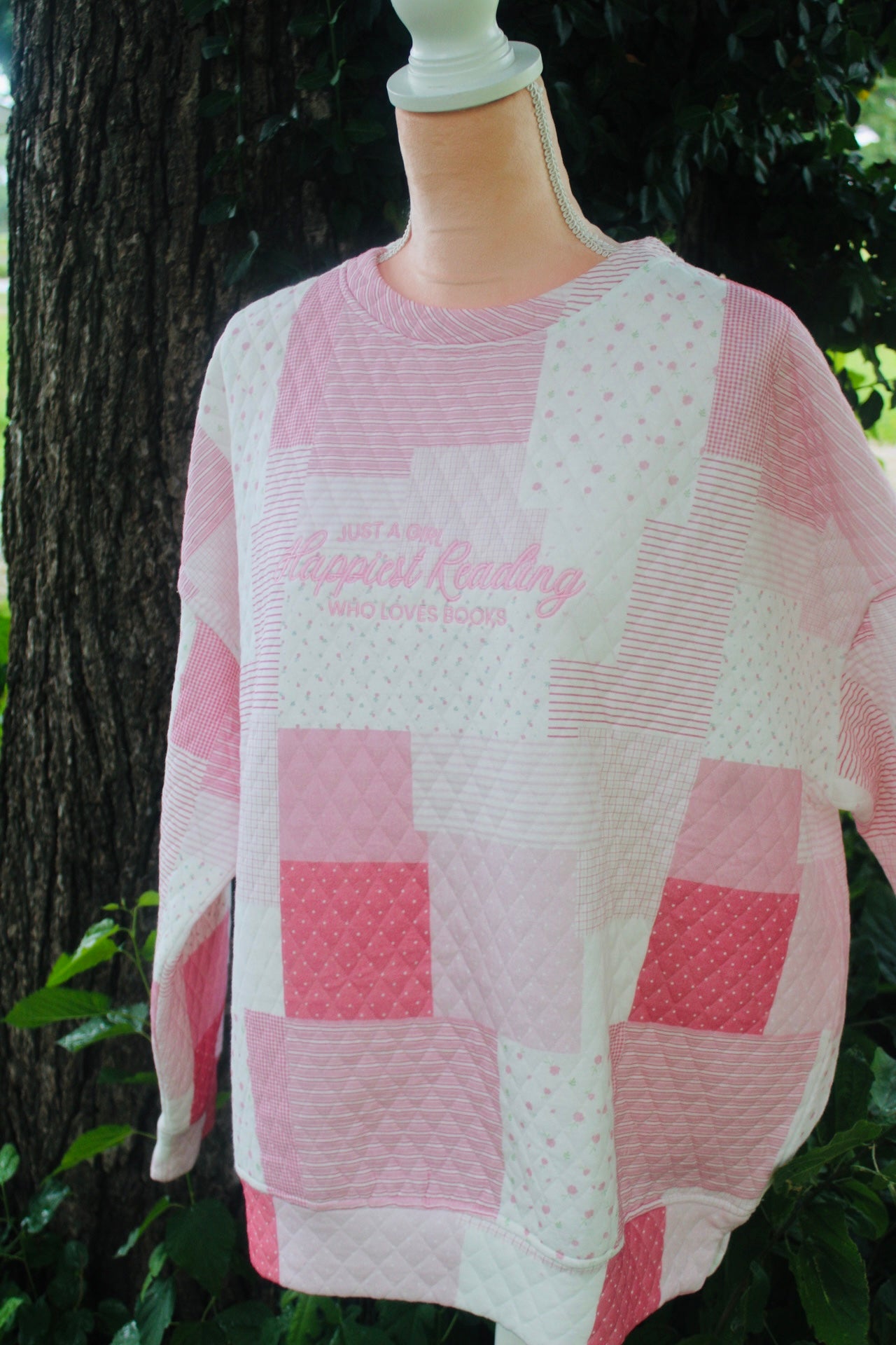 HAPPIEST READING PINK PATCH WORK EMBROIDERED MOCK NECK