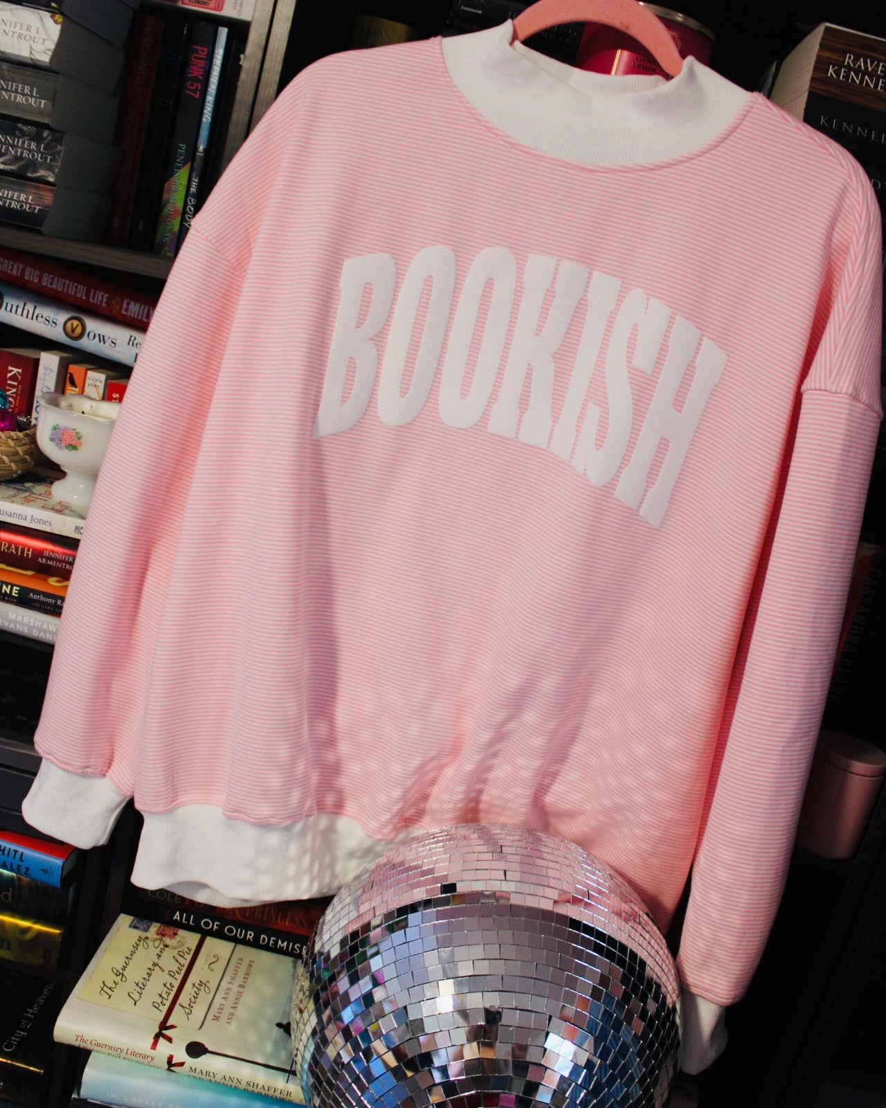 BOOKISH PUFF PRINT PINK STRIPED MOCK NECK & SHORTS SET