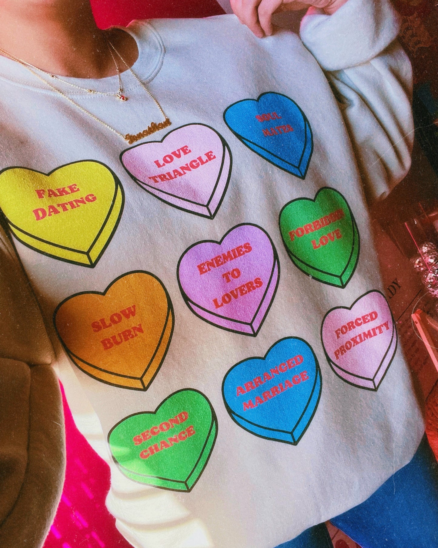 BOOK TROPES CANDY HEART CREWNECK