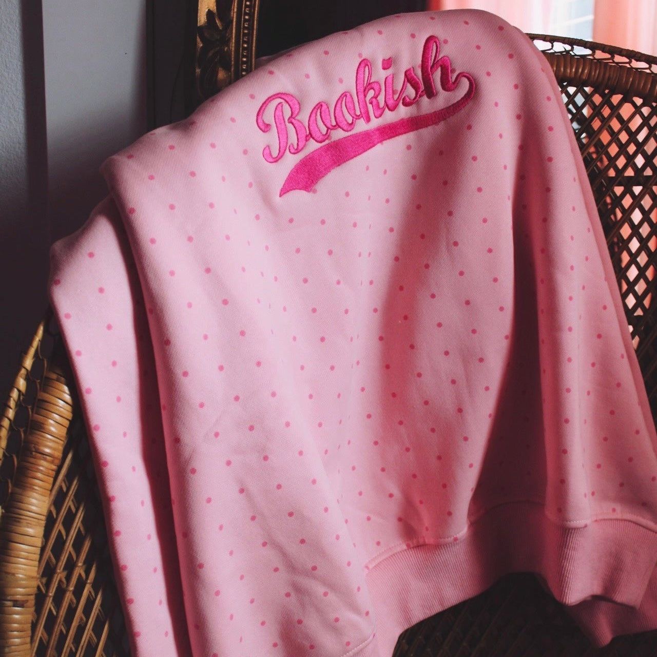 BOOKISH VARSITY POLKA DOT EMBROIDERED OFF THE SHOULDER CREWNECK