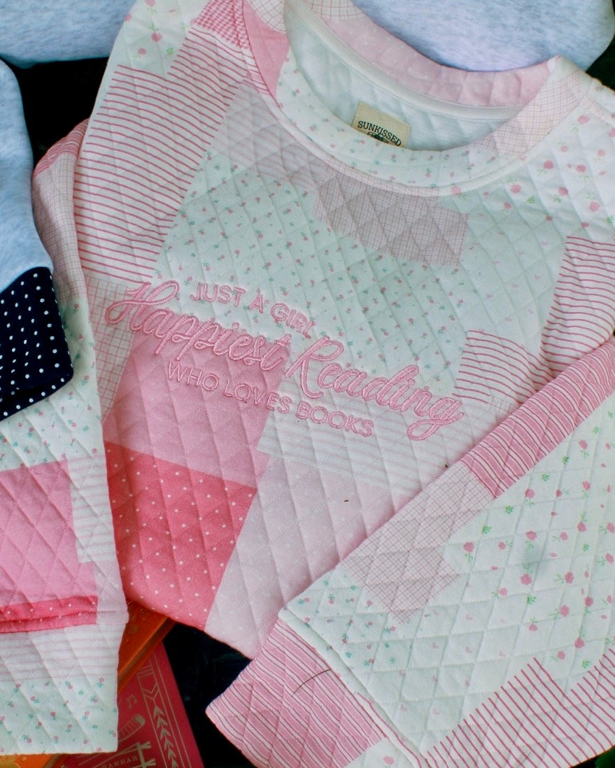HAPPIEST READING PINK PATCH WORK EMBROIDERED MOCK NECK