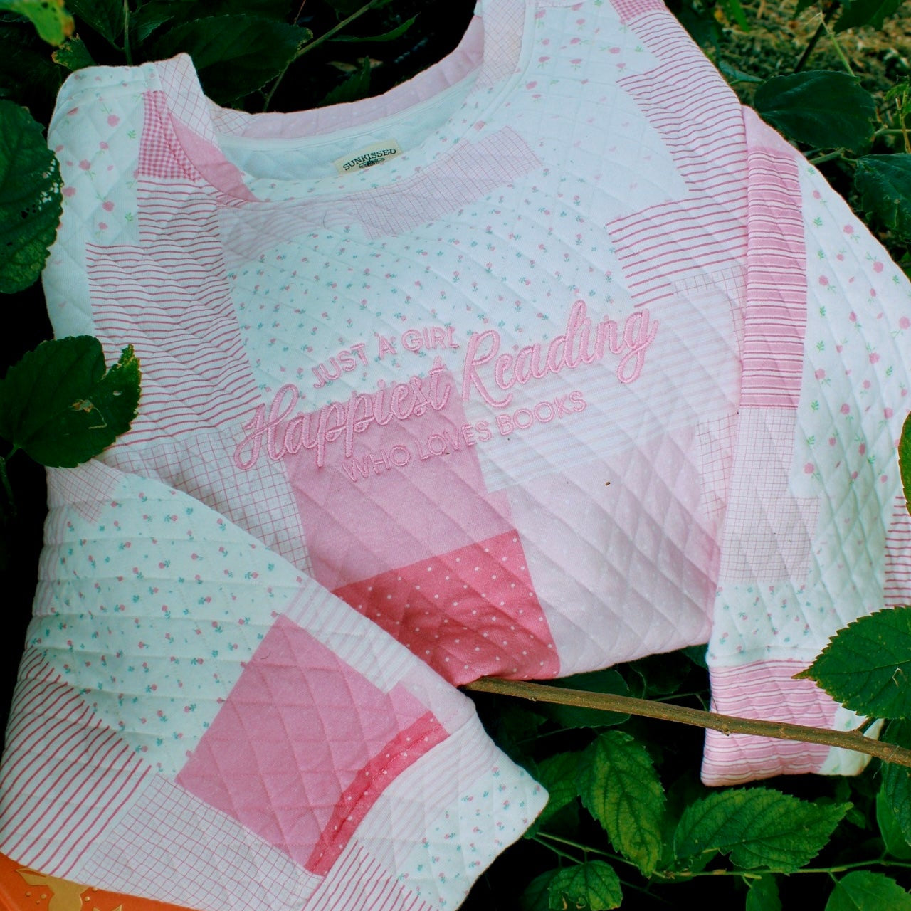 HAPPIEST READING PINK PATCH WORK EMBROIDERED MOCK NECK