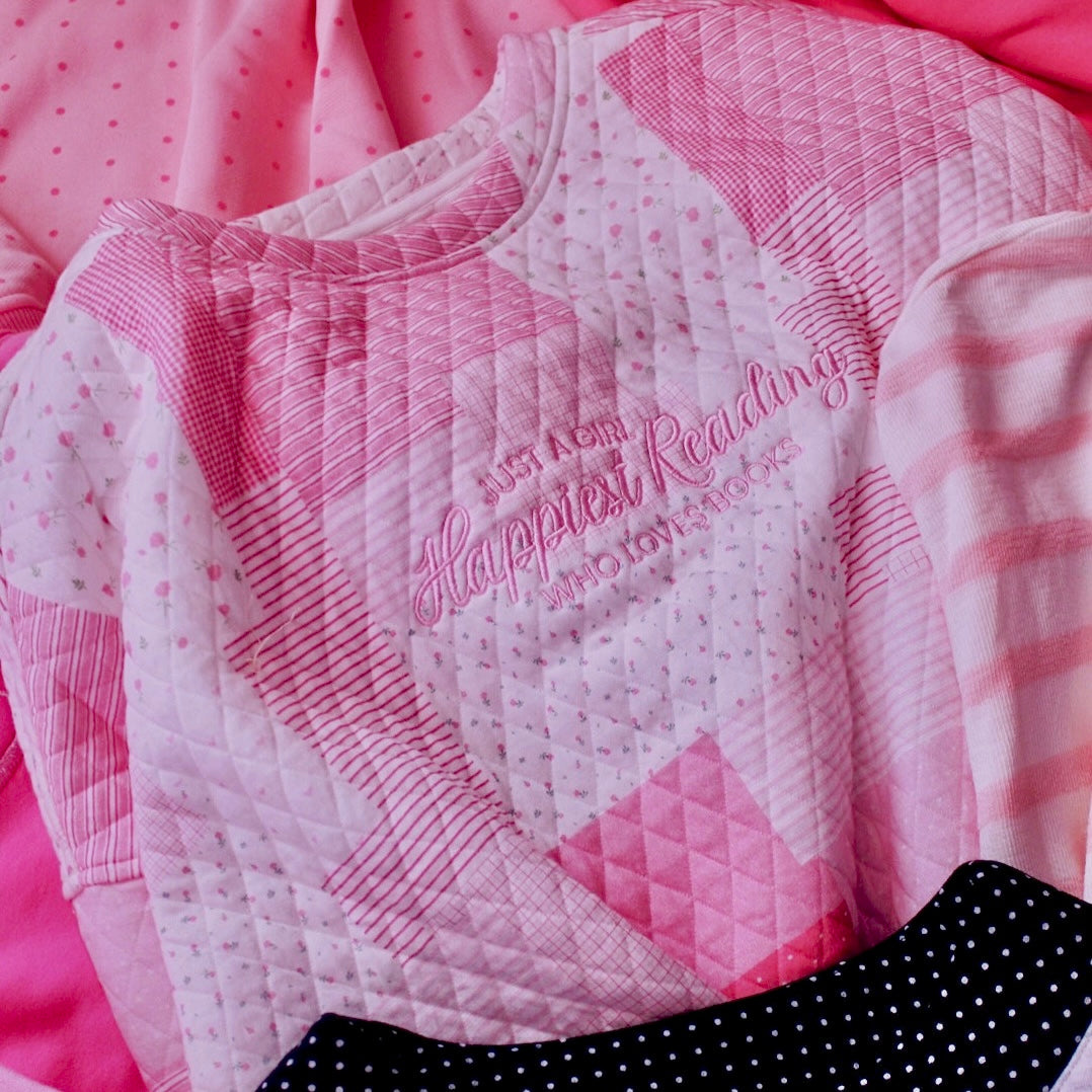 HAPPIEST READING PINK PATCH WORK EMBROIDERED MOCK NECK