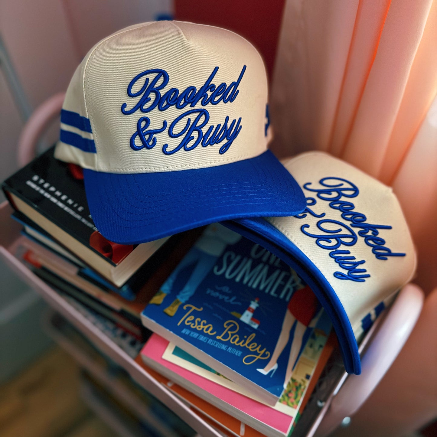BOOKED & BUSY PUFF EMBROIDERY ROYAL BLUE STRIPED HAT