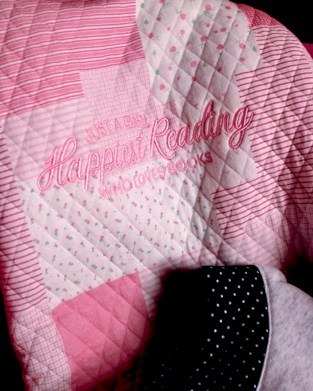 HAPPIEST READING PINK PATCH WORK EMBROIDERED MOCK NECK