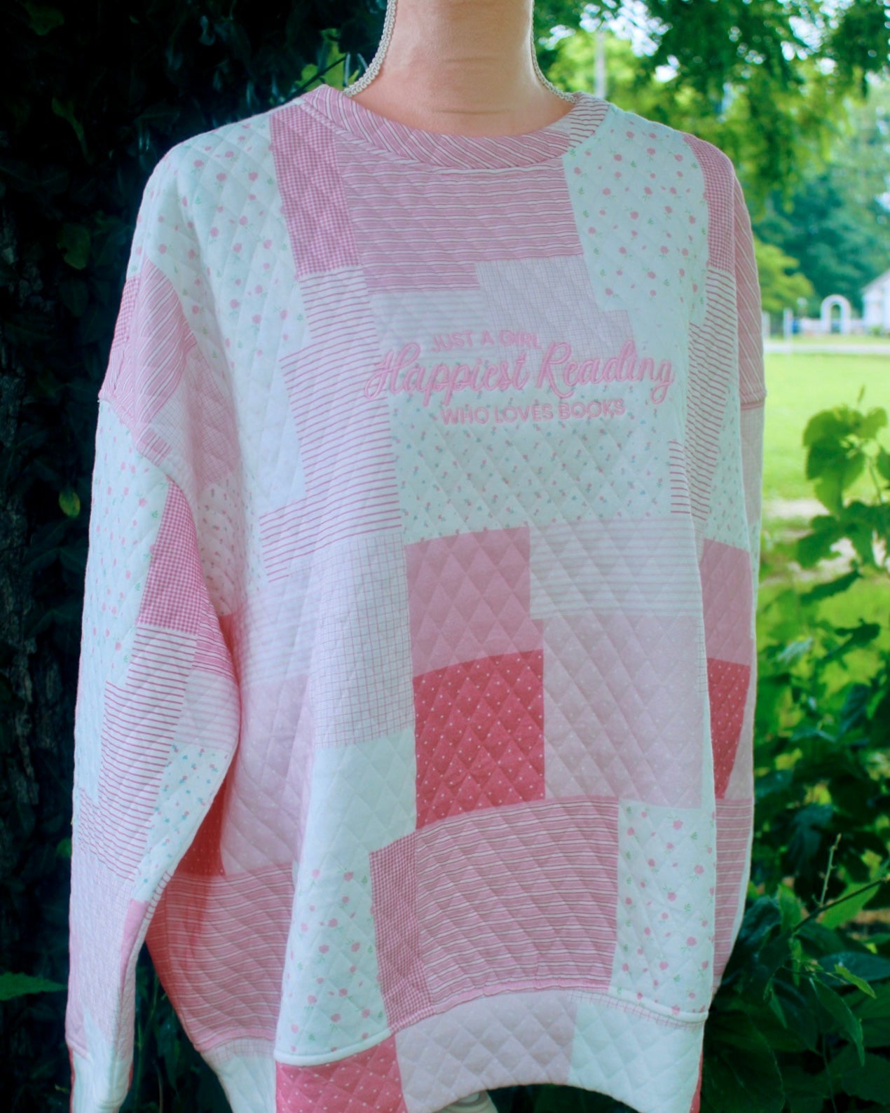 HAPPIEST READING PINK PATCH WORK EMBROIDERED MOCK NECK