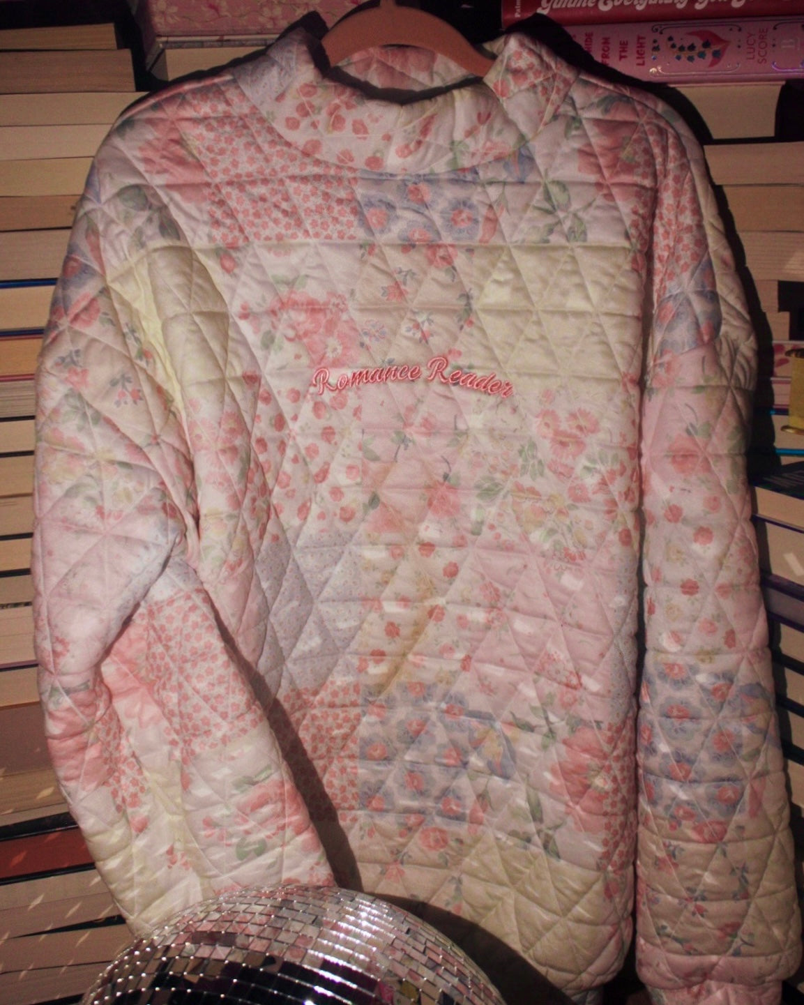 EMBROIDERED ROMANCE READER FLORAL PATTERN MOCK NECK