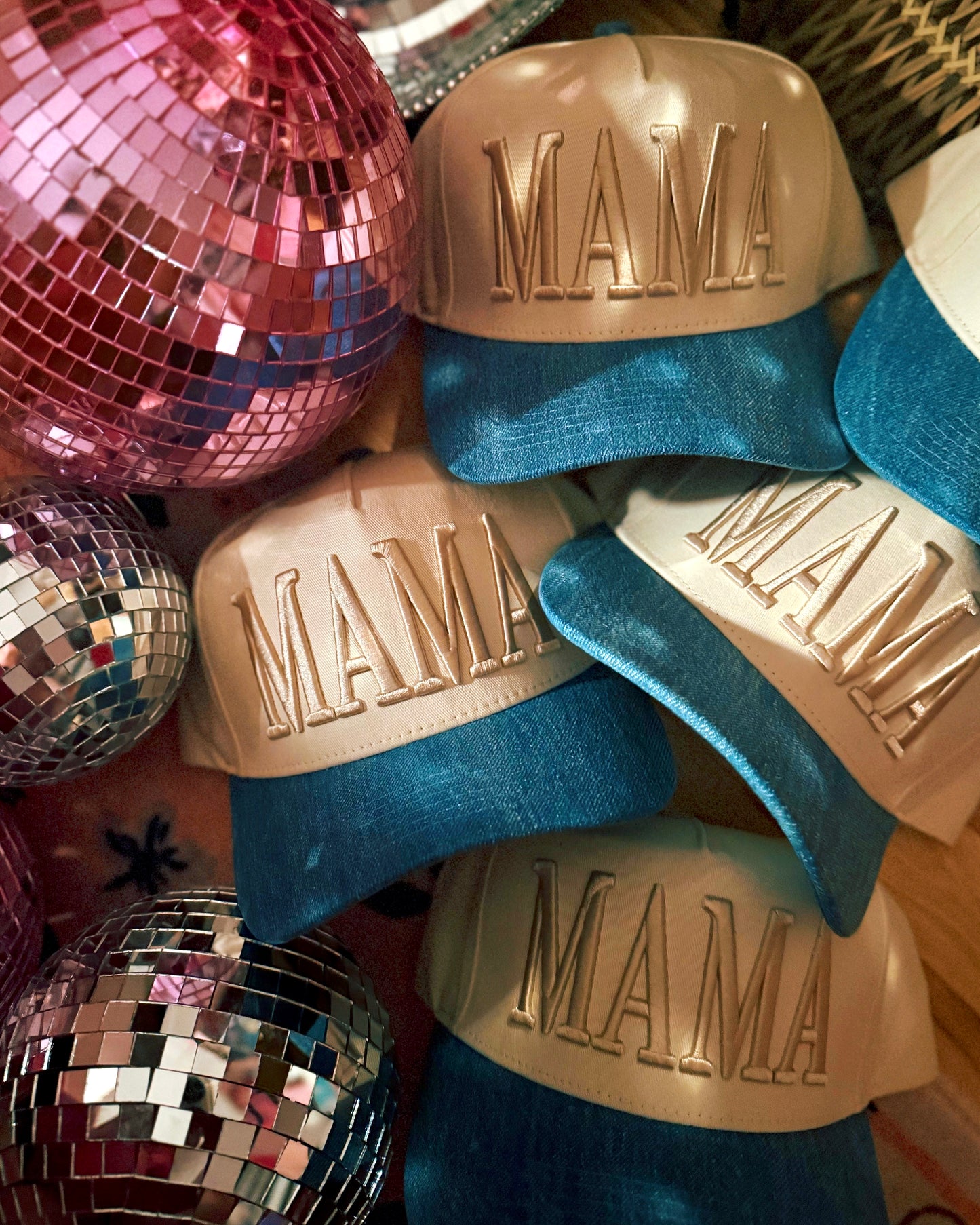MAMA DENIM PUFF EMBROIDERD PRINT HAT