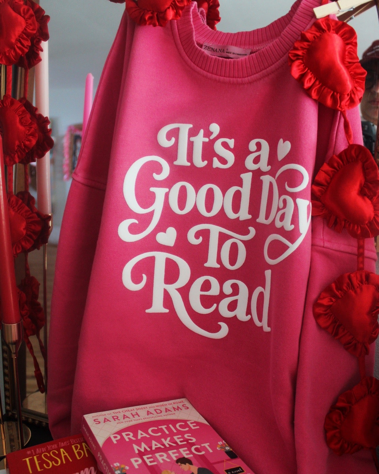 GOOD DAY TO READ PIGMENT DYED HOT PINK HIGH LOW CREWNECK - PUFF PRINT