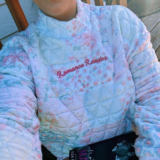 EMBROIDERED ROMANCE READER FLORAL PATTERN MOCK NECK