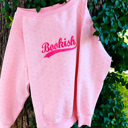 BOOKISH VARSITY POLKA DOT EMBROIDERED OFF THE SHOULDER CREWNECK