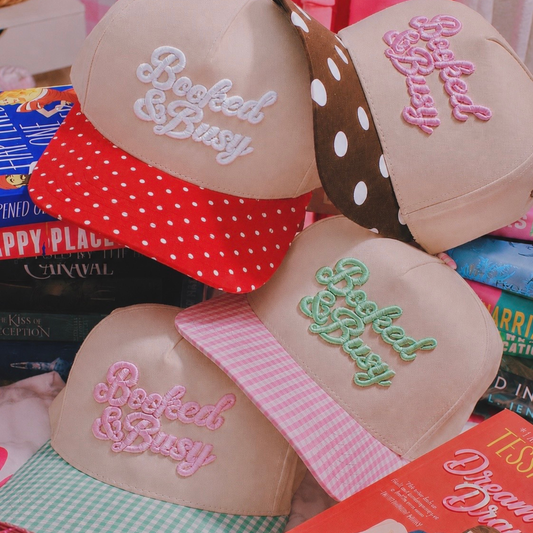 BOOKED & BUSY PUFF EMBROIDERY HAT - POLKA DOT & GINGHAM BILL