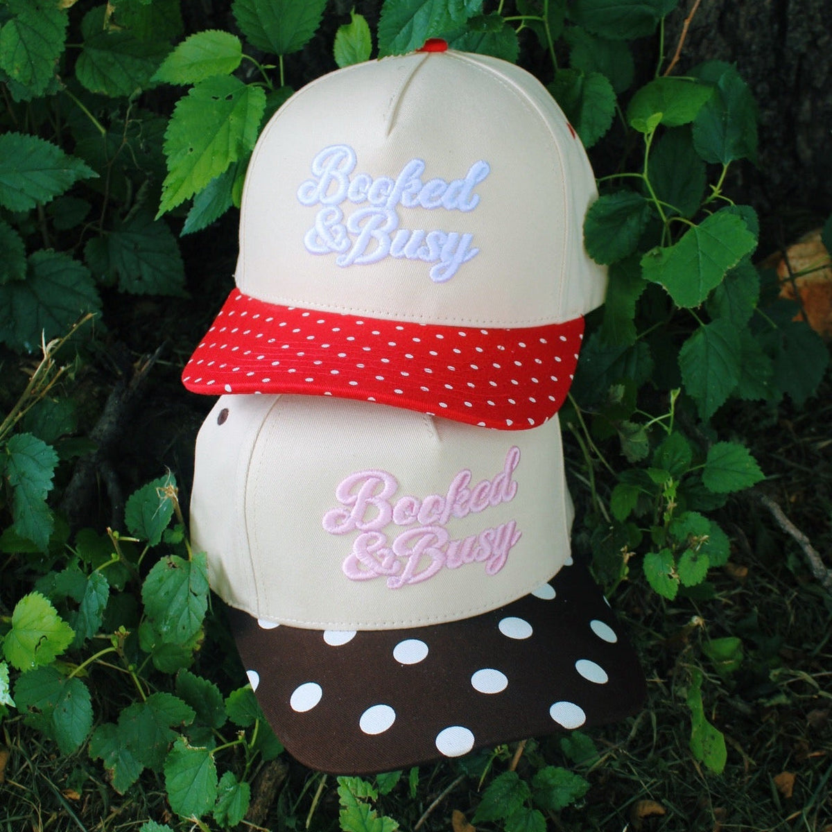 BOOKED & BUSY PUFF EMBROIDERY HAT - POLKA DOT & GINGHAM BILL