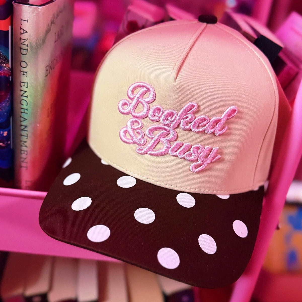 BOOKED & BUSY PUFF EMBROIDERY HAT - POLKA DOT & GINGHAM BILL