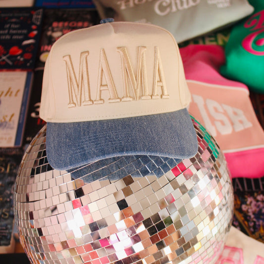 MAMA DENIM PUFF EMBROIDERD PRINT HAT