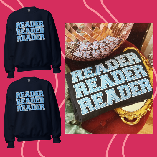 BLUE READER READER READER CREWNECK